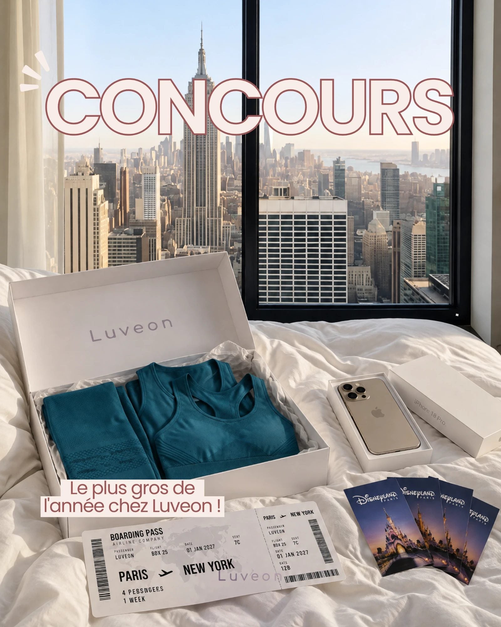 Coffret Luveon ouvert sur un lit, billets Paris–New York, iPhone et billets Disneyland Paris devant les gratte-ciel de New York, avec le mot Concours