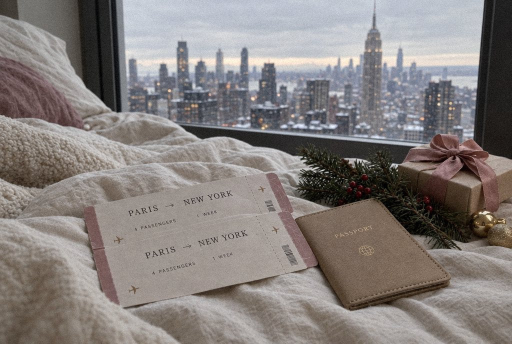 Deux billets Paris–New York, un passeport et des lunettes de soleil posés sur un lit en lin, les gratte-ciel de New York en fond